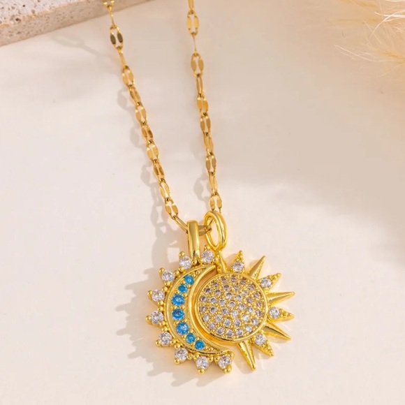 18K Gold Sun & Moon Bohemian Celestial Double Pendant Necklace Pave No Fade - Picture 3 of 5